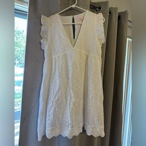 Medium Pink Lily white eyelet dress/romper